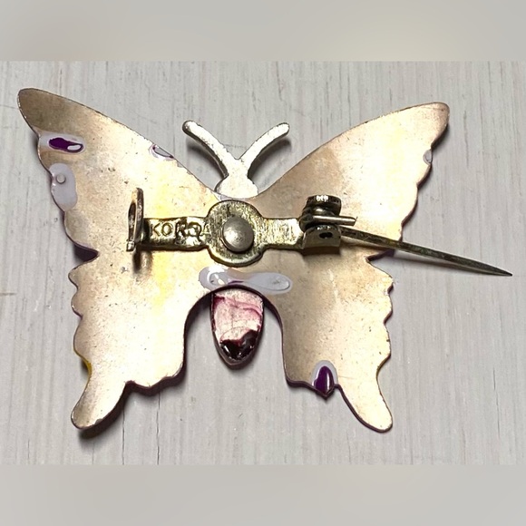 KORO Purple/Yellow Metal Hand Painted Butterfly Brooch Vintage Classic Accessory - Picture 3 of 9